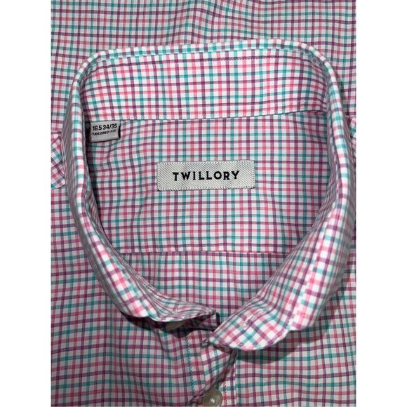 Twillory Tailored Fit Pink Blue Check Long Sleeve Button Up Shirt 16.5 #63 - Picture 7 of 7